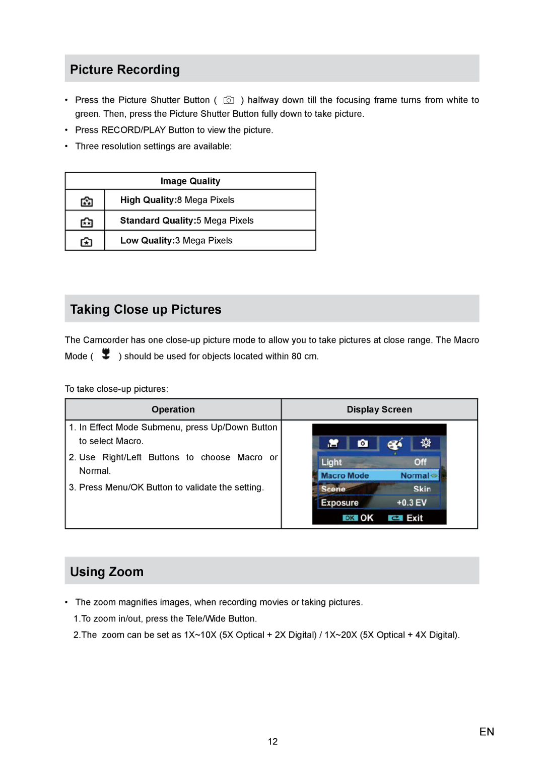 Toshiba H10 user manual Picture Recording, Operation Display Screen 