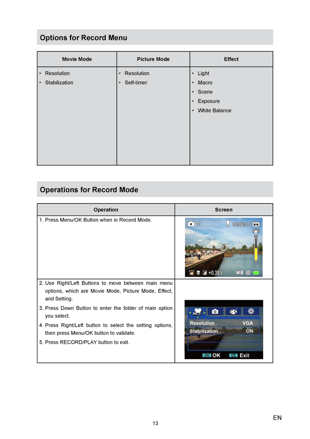 Toshiba H10 user manual Operations for Record Mode, Movie Mode Picture Mode Effect 