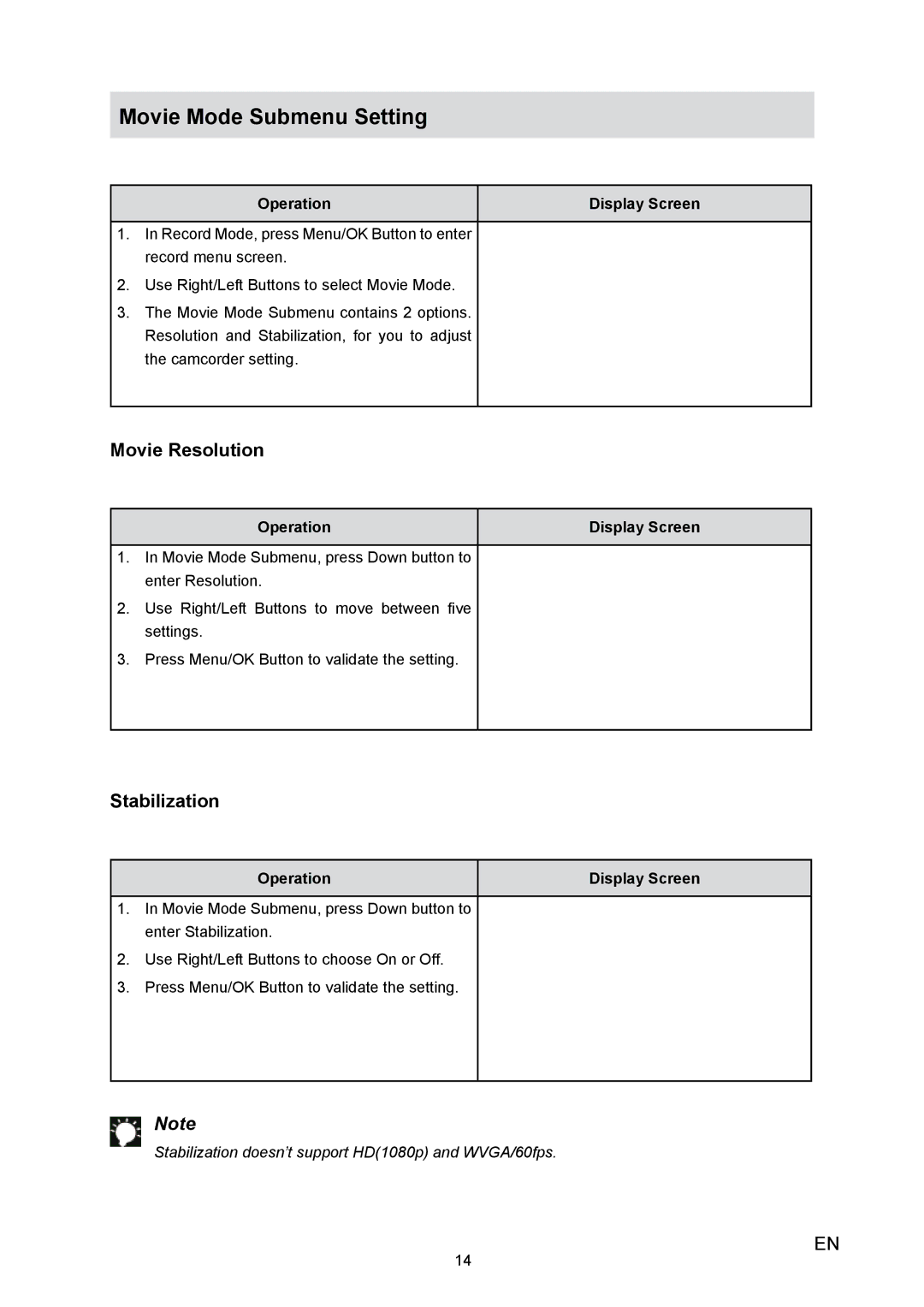 Toshiba H10 user manual Movie Mode Submenu Setting, Movie Resolution, Stabilization 