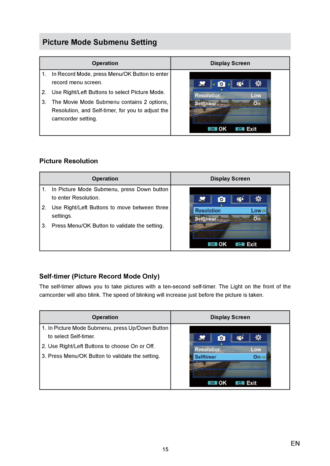 Toshiba H10 user manual Picture Mode Submenu Setting, Picture Resolution, Self-timer Picture Record Mode Only 