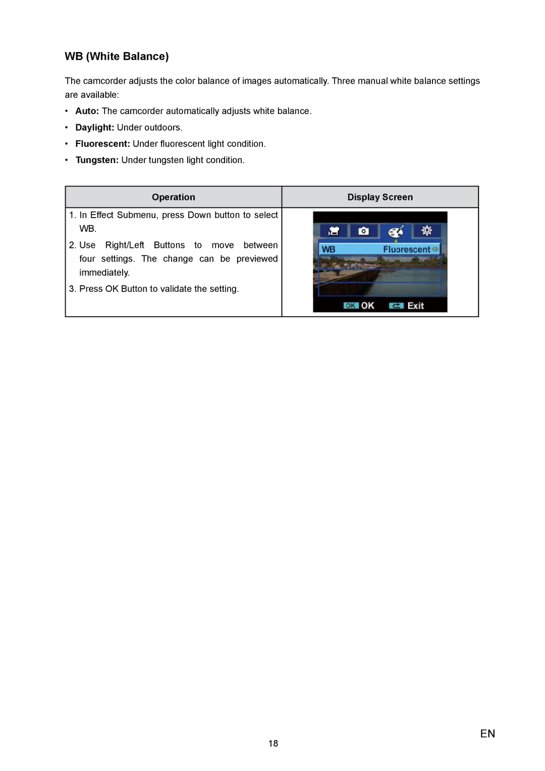 Toshiba H10 user manual WB White Balance 