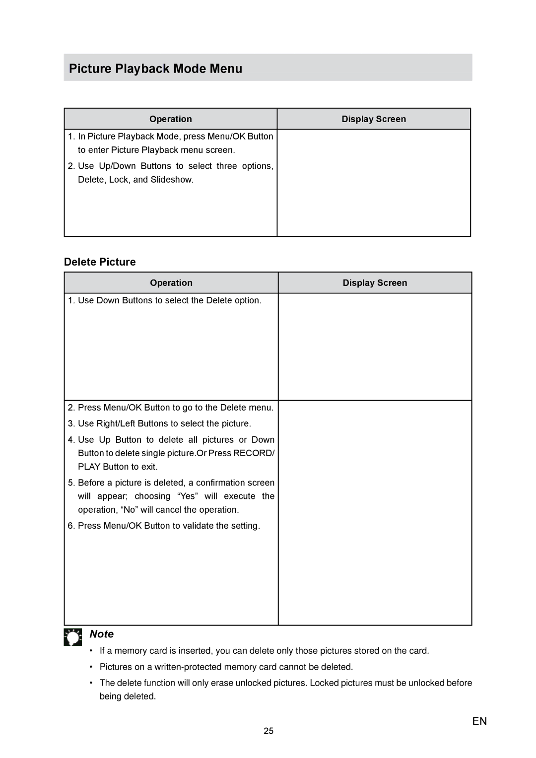 Toshiba H10 user manual Picture Playback Mode Menu, Delete Picture 