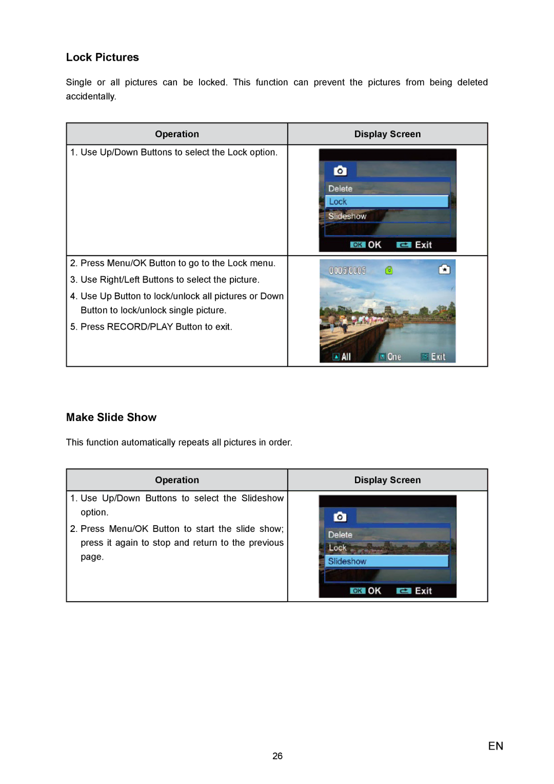 Toshiba H10 user manual Lock Pictures, Make Slide Show 