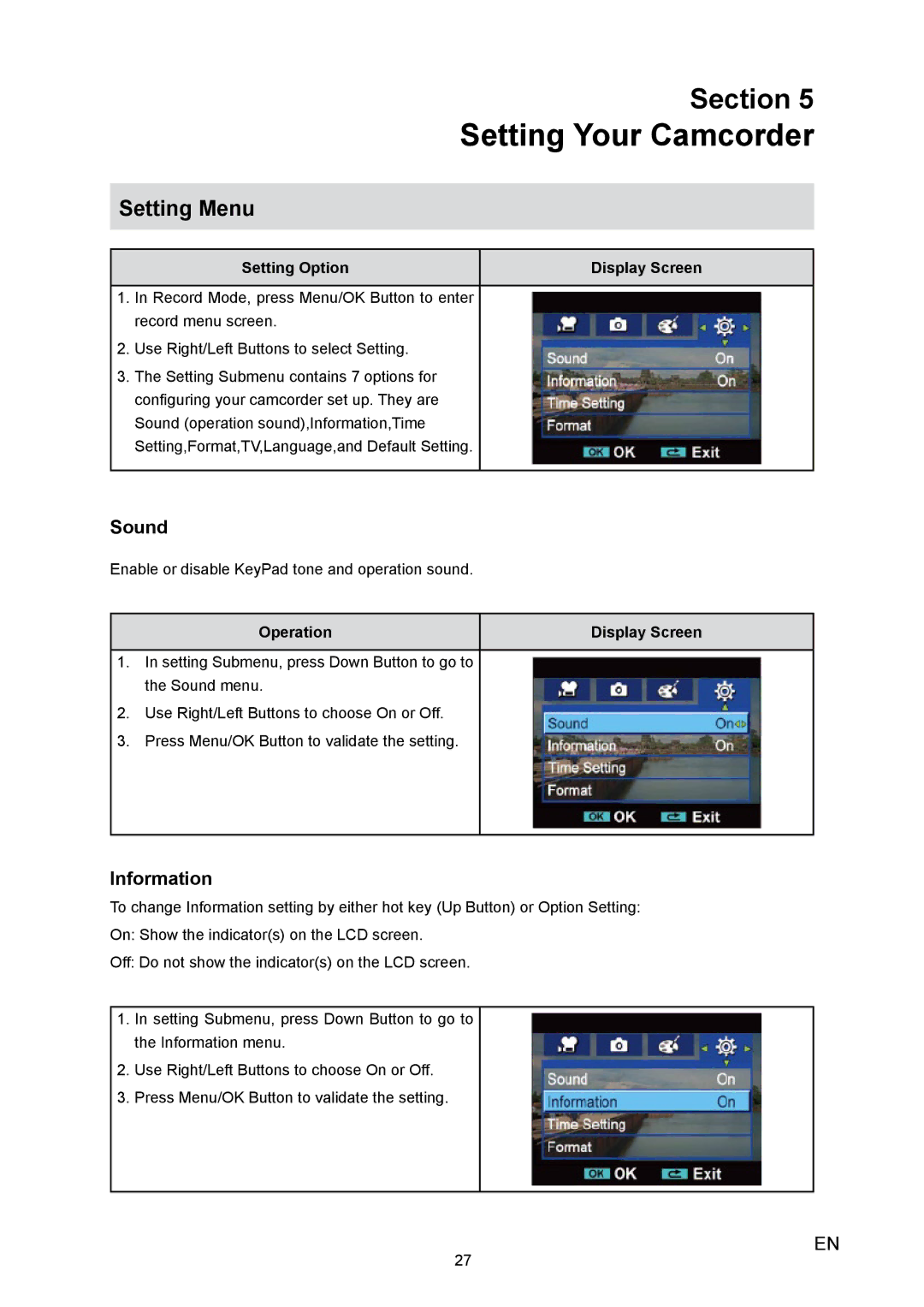 Toshiba H10 user manual Setting Your Camcorder, Sound, Information, Setting Option Display Screen 