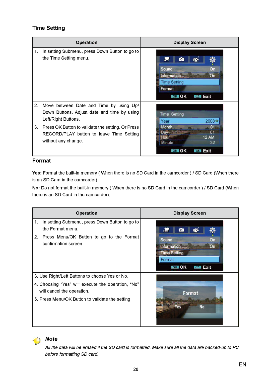 Toshiba H10 user manual Time Setting, Format 