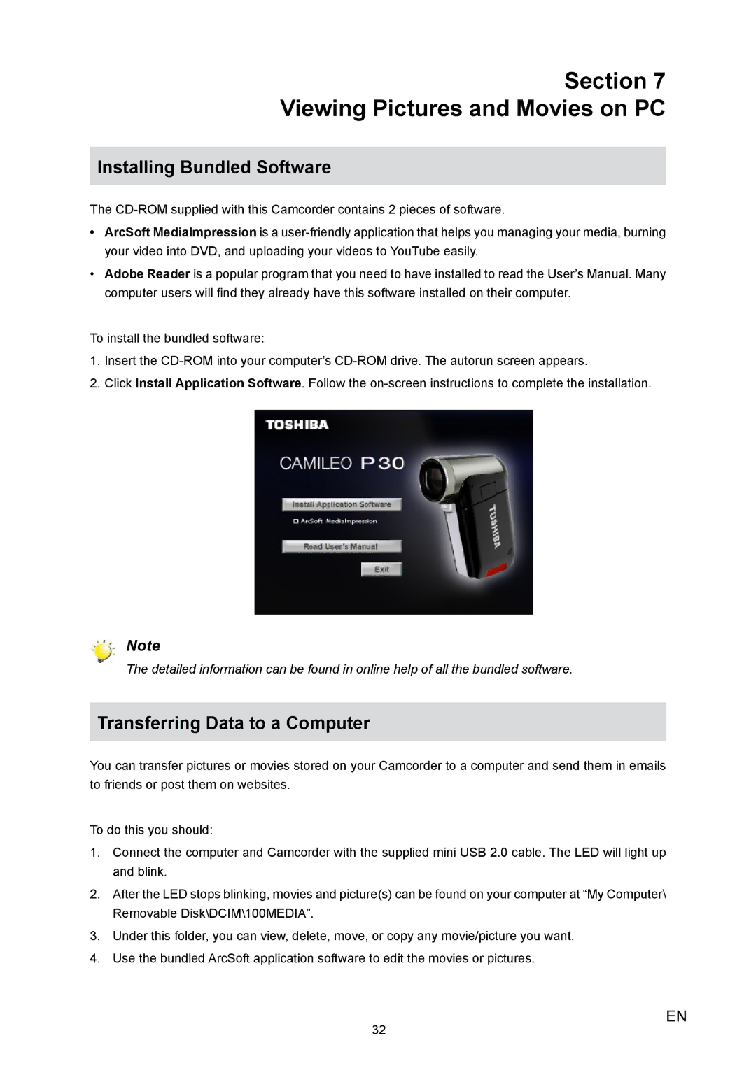 Toshiba H10 user manual Section Viewing Pictures and Movies on PC, Installing Bundled Software 