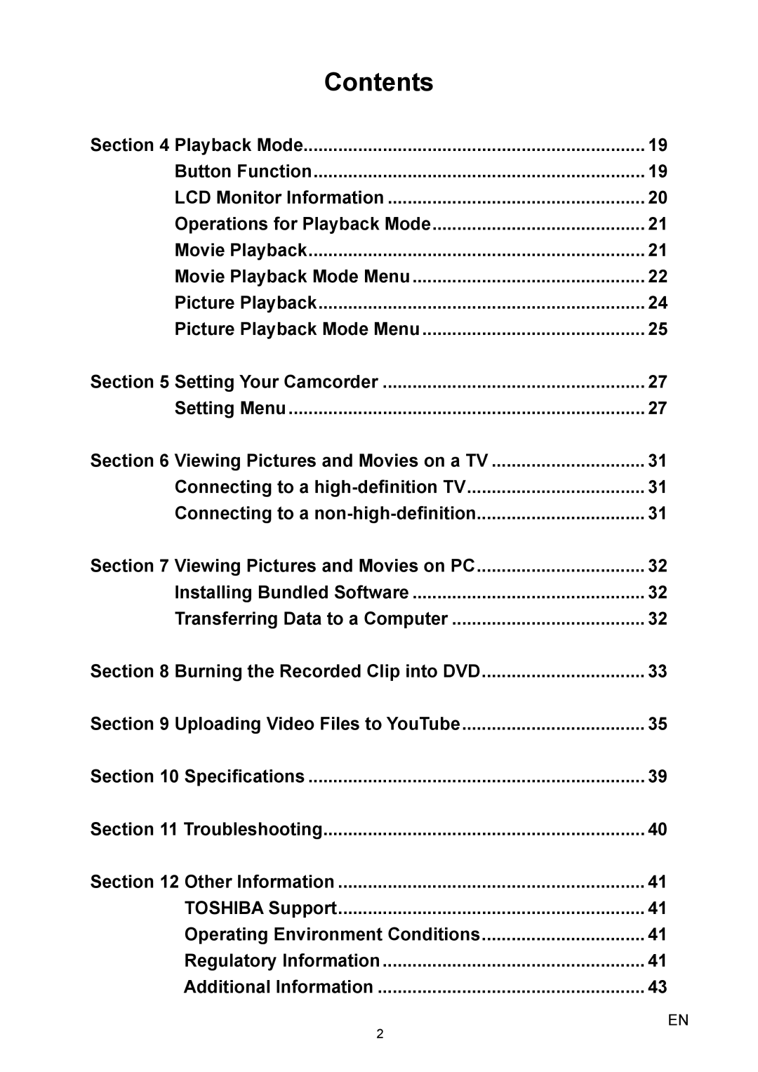 Toshiba H10 user manual Setting Menu, Installing Bundled Software Transferring Data to a Computer, Specifications 