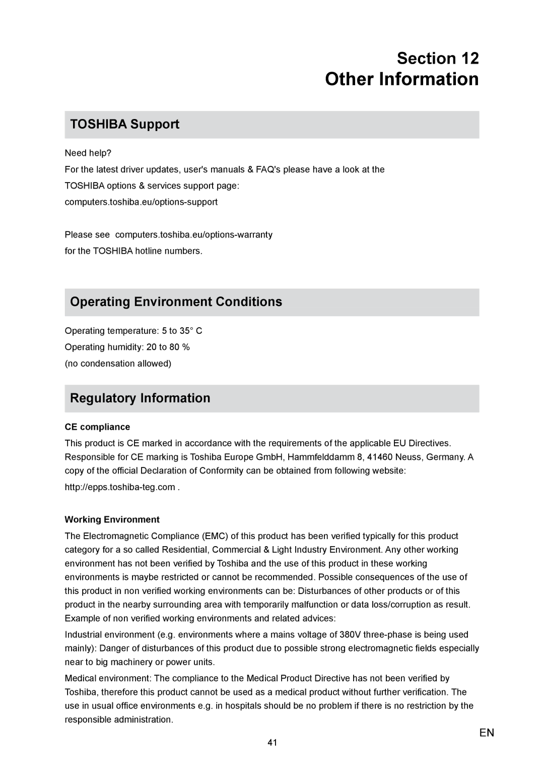 Toshiba H10 user manual Other Information, CE compliance, Working Environment 