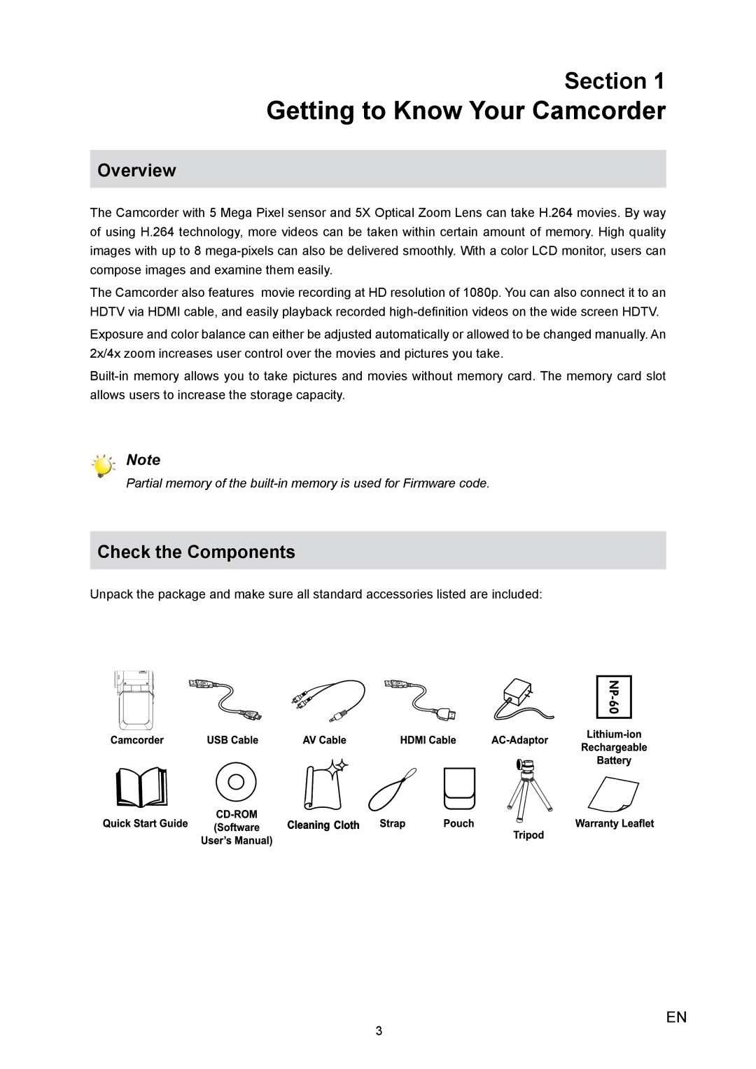 Toshiba H10 user manual Getting to Know Your Camcorder, Check the Components 