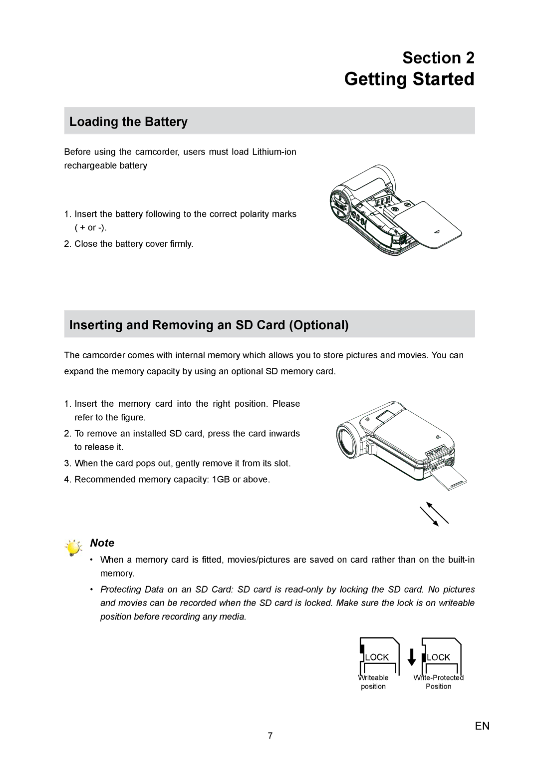 Toshiba H10 user manual Getting Started, Loading the Battery, Inserting and Removing an SD Card Optional 