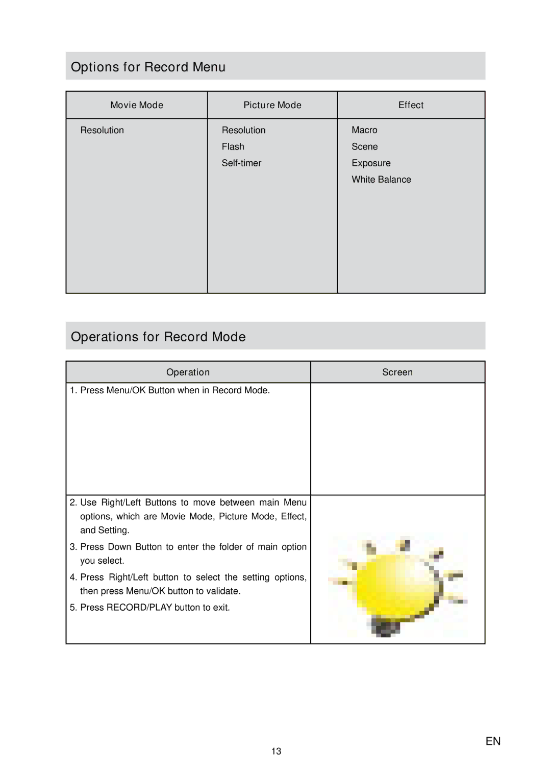 Toshiba H20 user manual Operations for Record Mode, Movie Mode Picture Mode Effect 