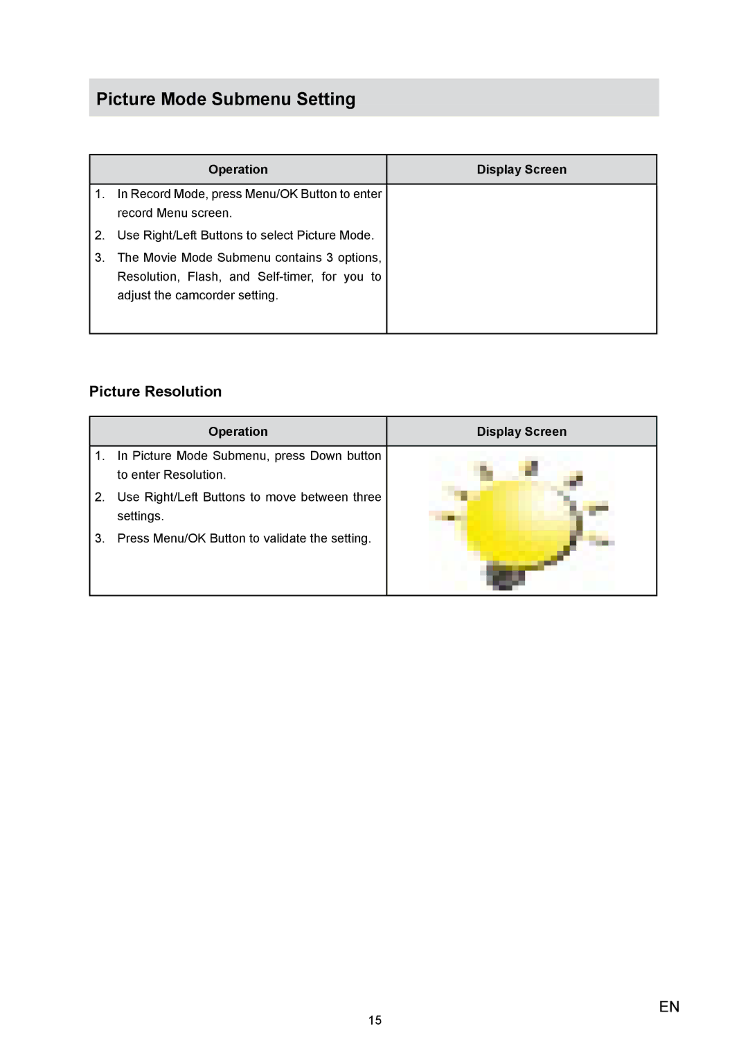 Toshiba H20 user manual Picture Mode Submenu Setting, Picture Resolution 