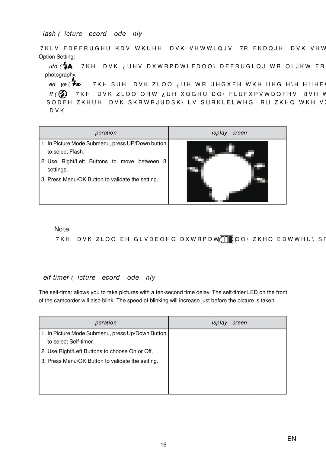 Toshiba H20 user manual Flash Picture Record Mode Only, Self-timer Picture Record Mode Only 