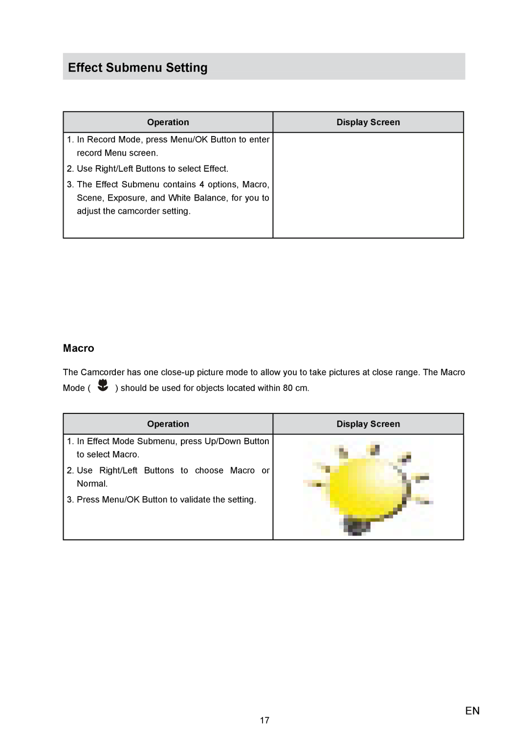 Toshiba H20 user manual Effect Submenu Setting, Macro 