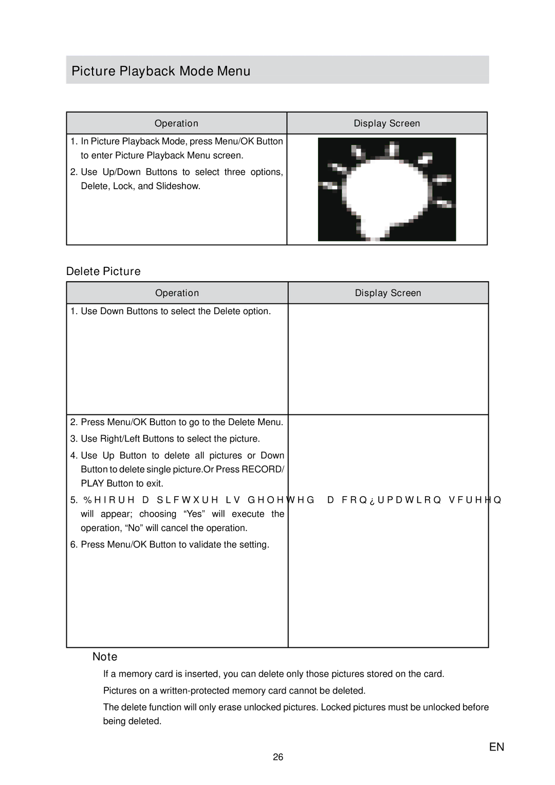 Toshiba H20 user manual Picture Playback Mode Menu, Delete Picture 