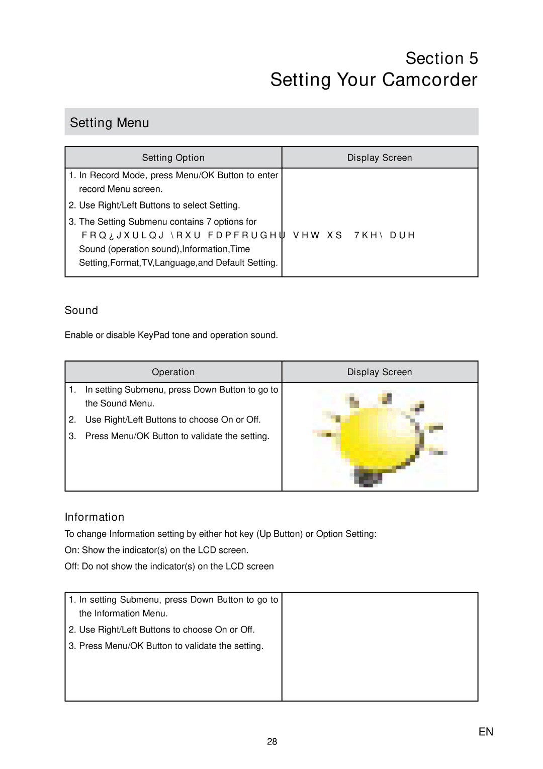 Toshiba H20 user manual Setting Your Camcorder, Sound, Information, Setting Option Display Screen 