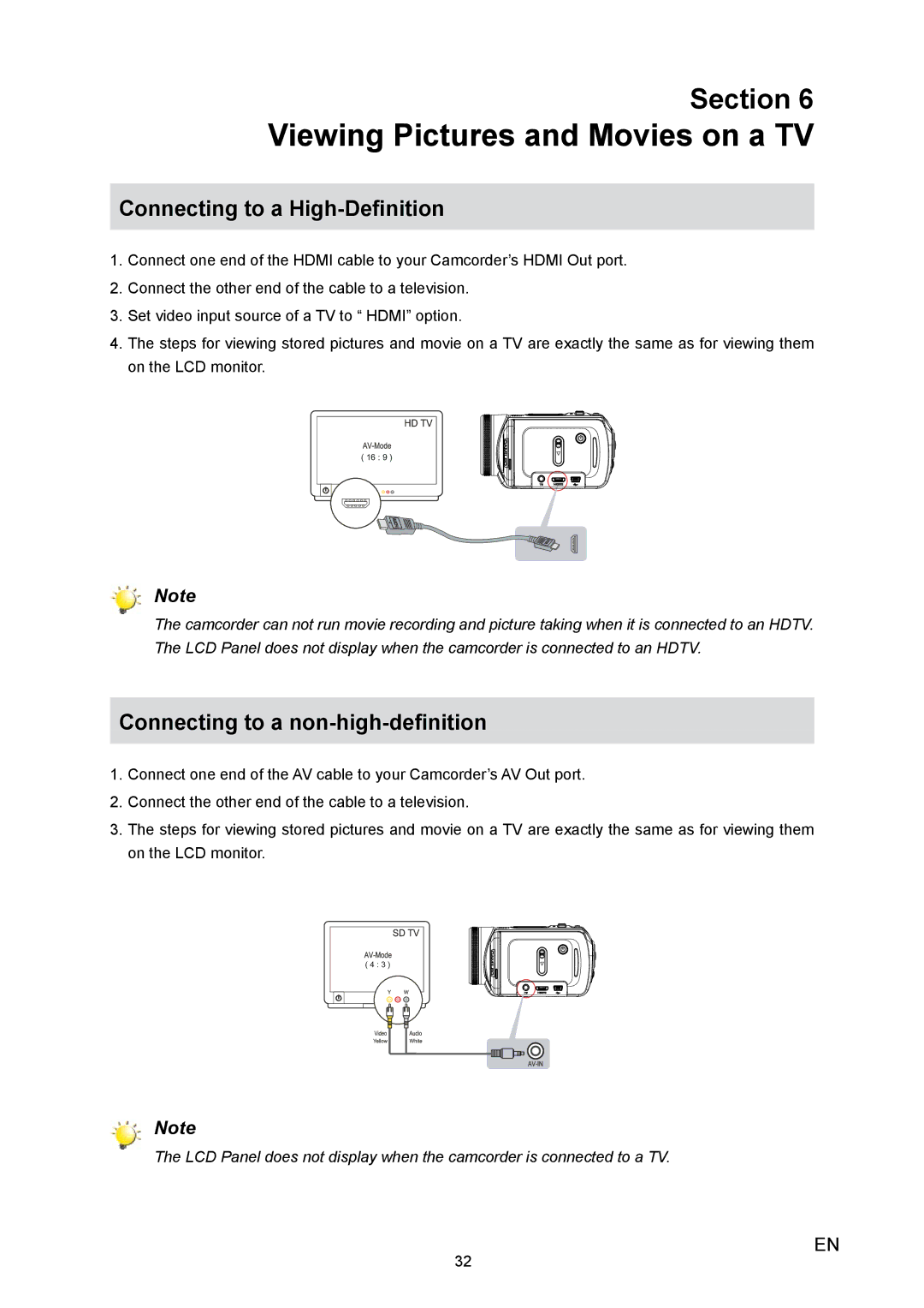 Toshiba H20 Viewing Pictures and Movies on a TV, Connecting to a High-Definition, Connecting to a non-high-definition 