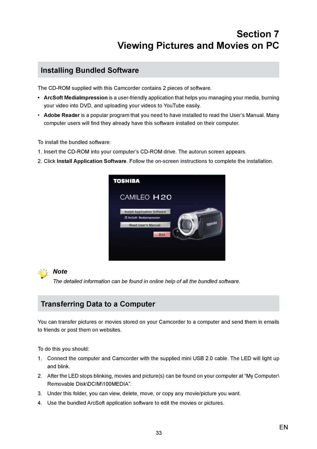 Toshiba H20 user manual Section Viewing Pictures and Movies on PC, Installing Bundled Software 