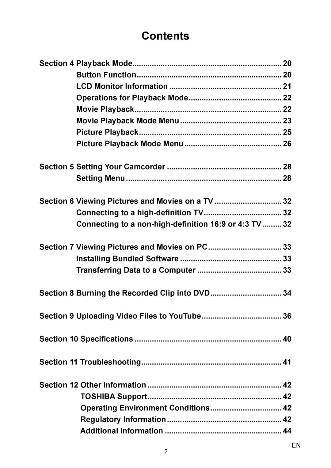 Toshiba H20 user manual Setting Menu, Installing Bundled Software Transferring Data to a Computer, Specifications 