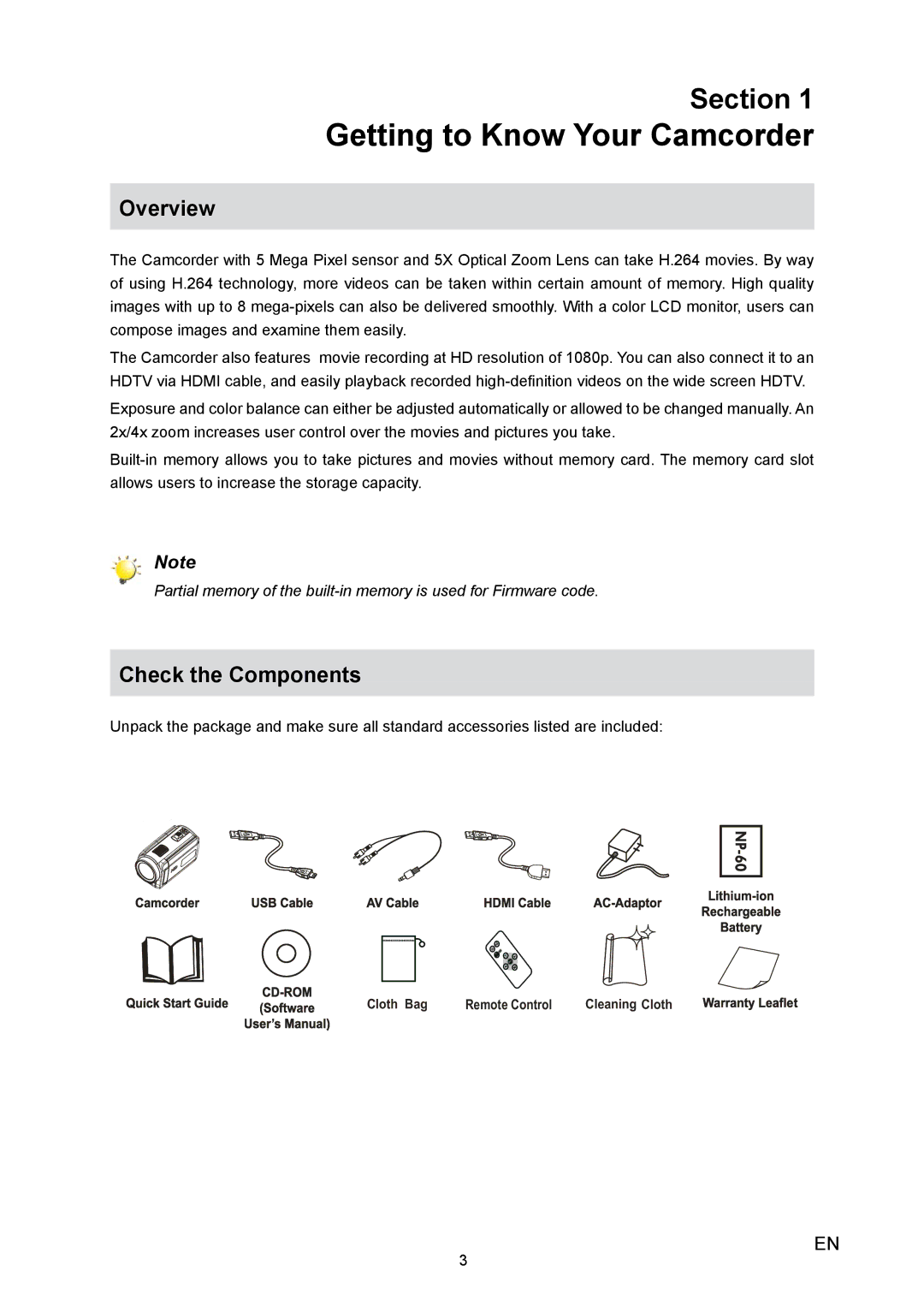 Toshiba H20 user manual Getting to Know Your Camcorder, Check the Components 