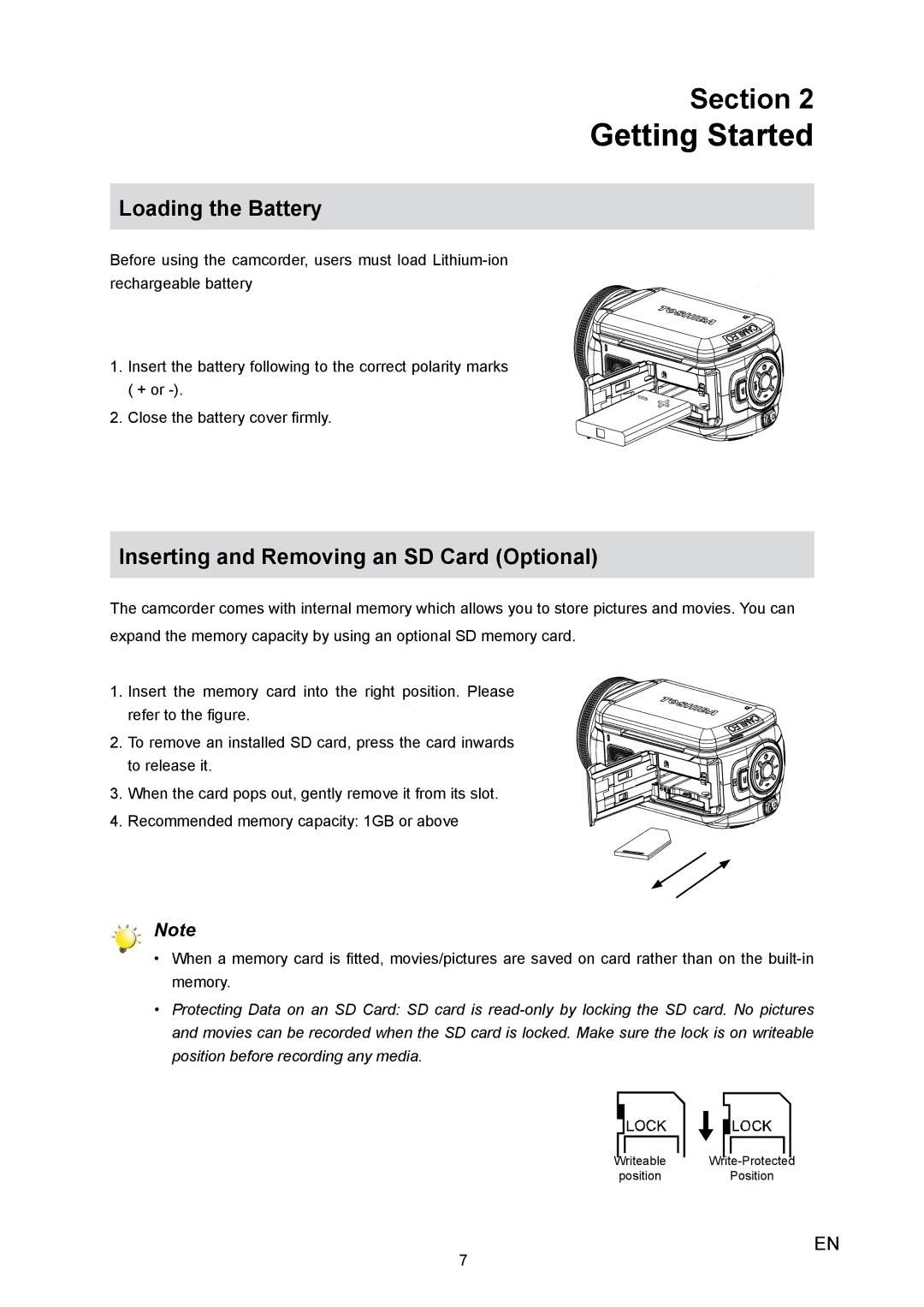 Toshiba H20 user manual Getting Started, Loading the Battery, Inserting and Removing an SD Card Optional 