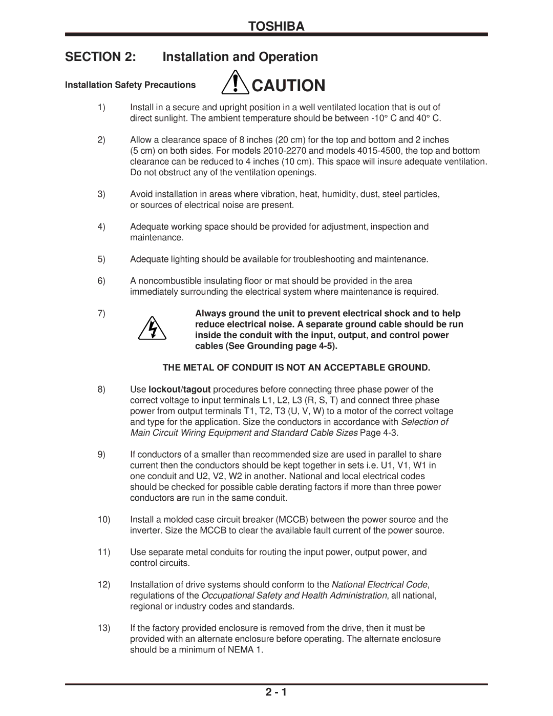 Toshiba H3 manual Installation Safety Precautions, Cables See Grounding 