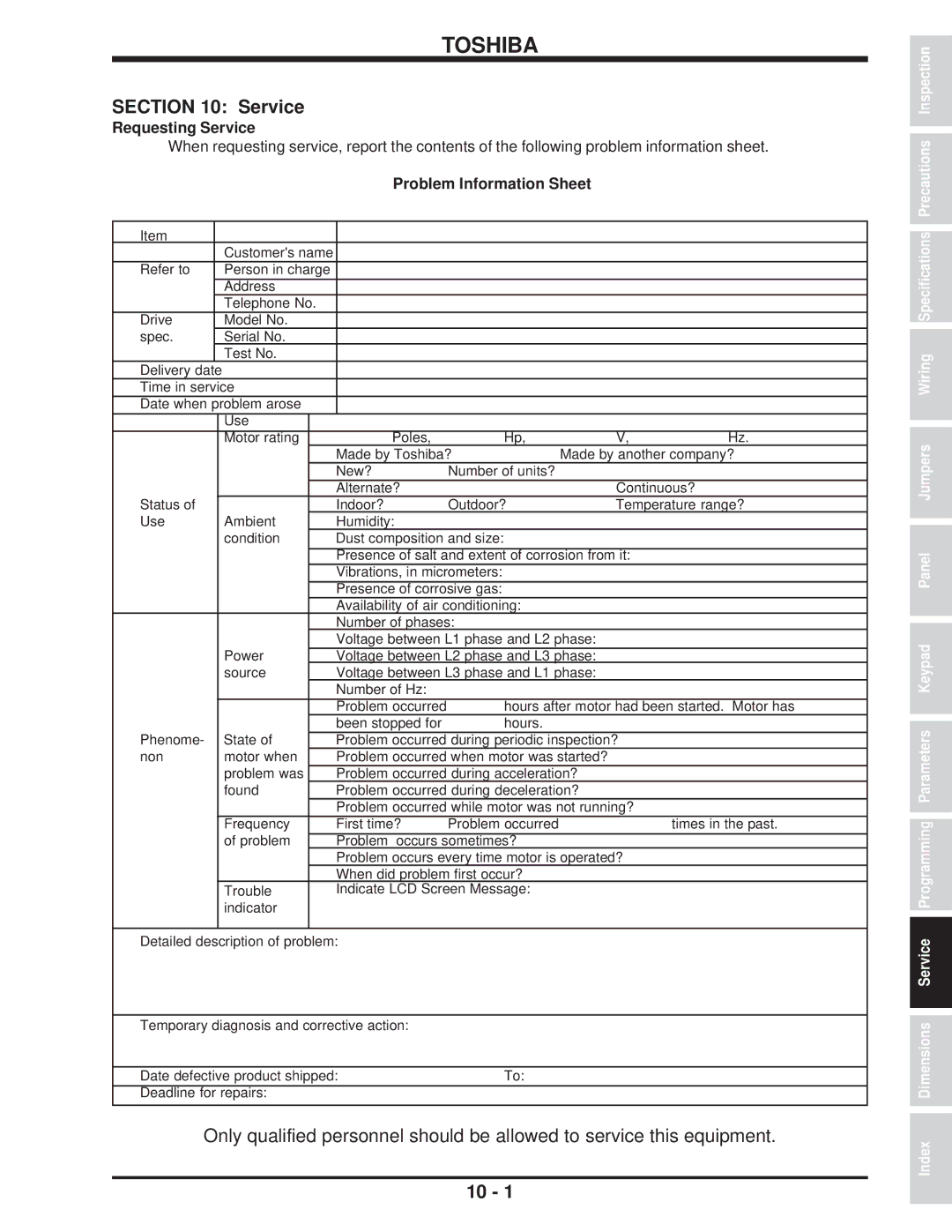 Toshiba H3 manual Requesting Service, Problem Information Sheet 