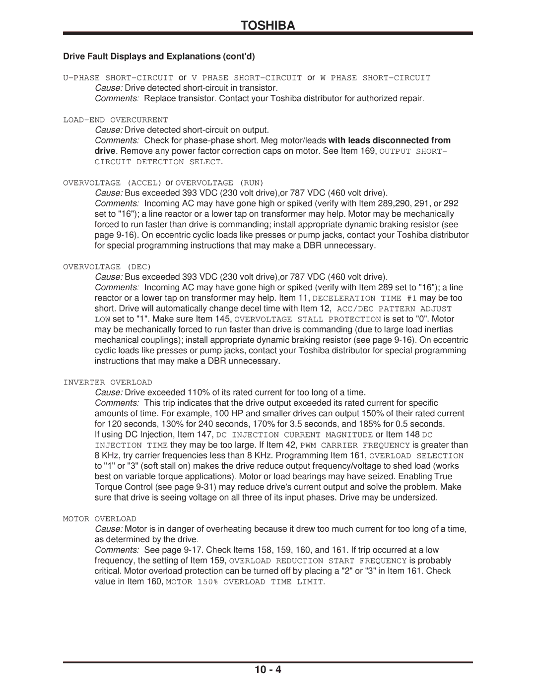 Toshiba H3 manual Drive Fault Displays and Explanations contd, Motor Overload 