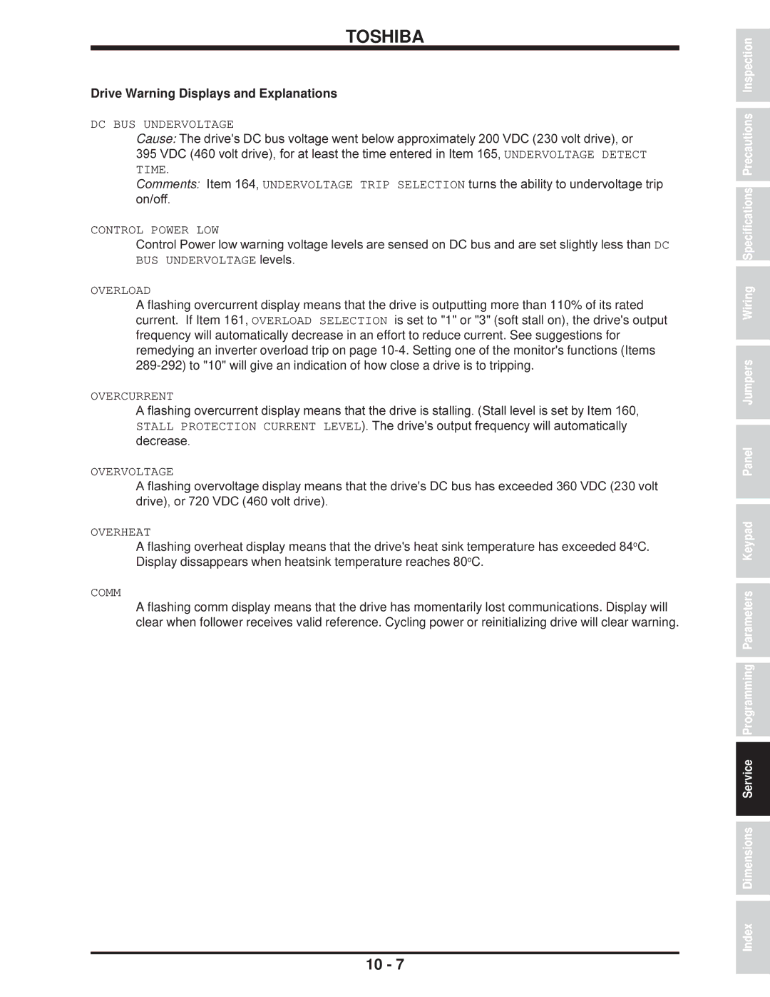 Toshiba H3 manual Drive Warning Displays and Explanations, DC BUS Undervoltage 