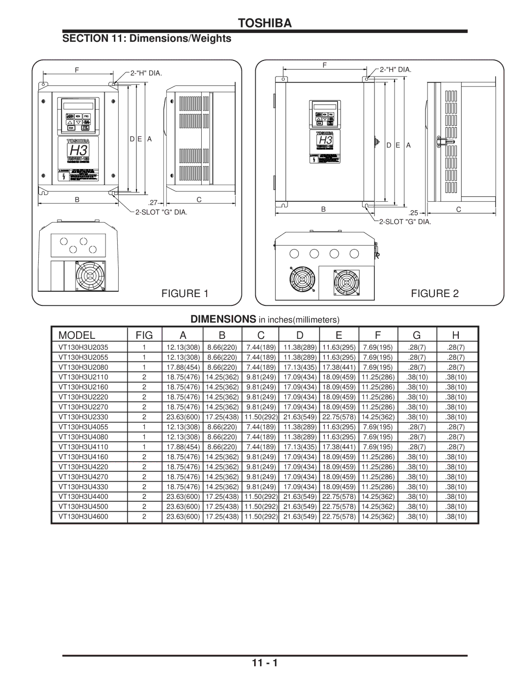 Toshiba H3 manual Model, Dimensions in inchesmillimeters 