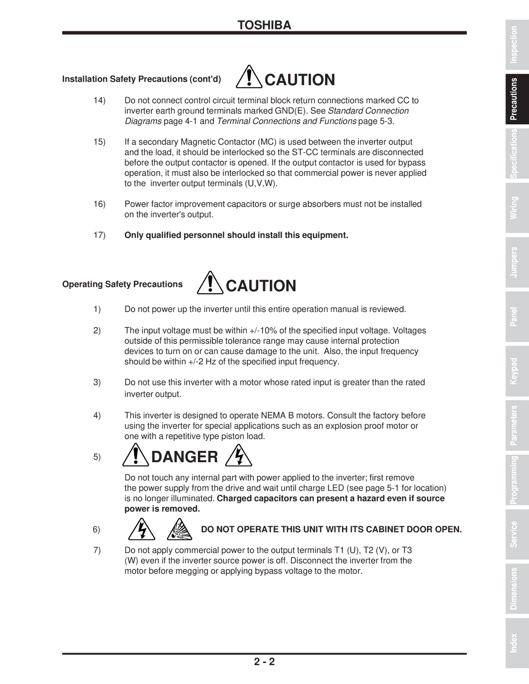 Toshiba H3 manual Installation Safety Precautions contd, Power is removed 