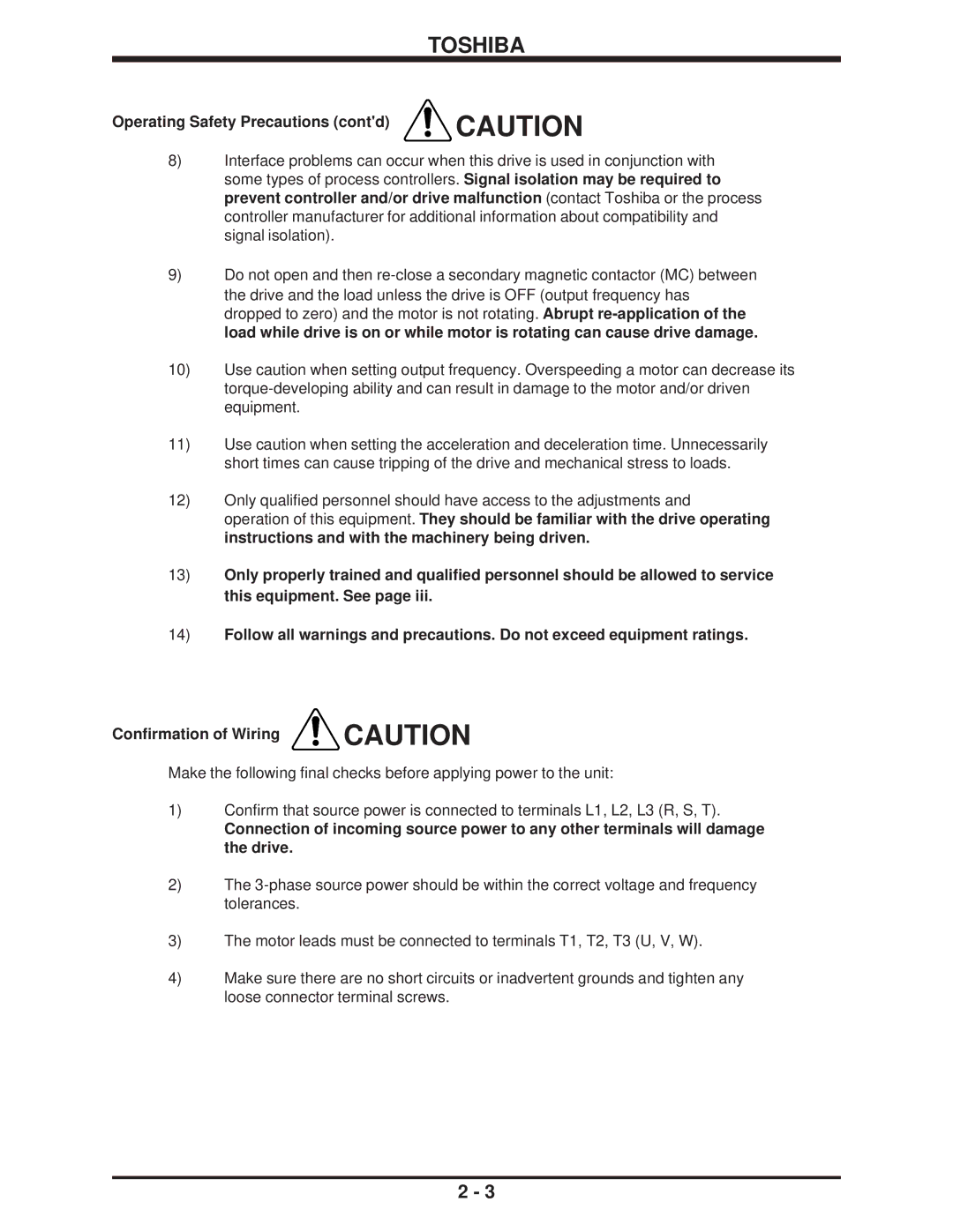 Toshiba H3 manual Operating Safety Precautions contd 