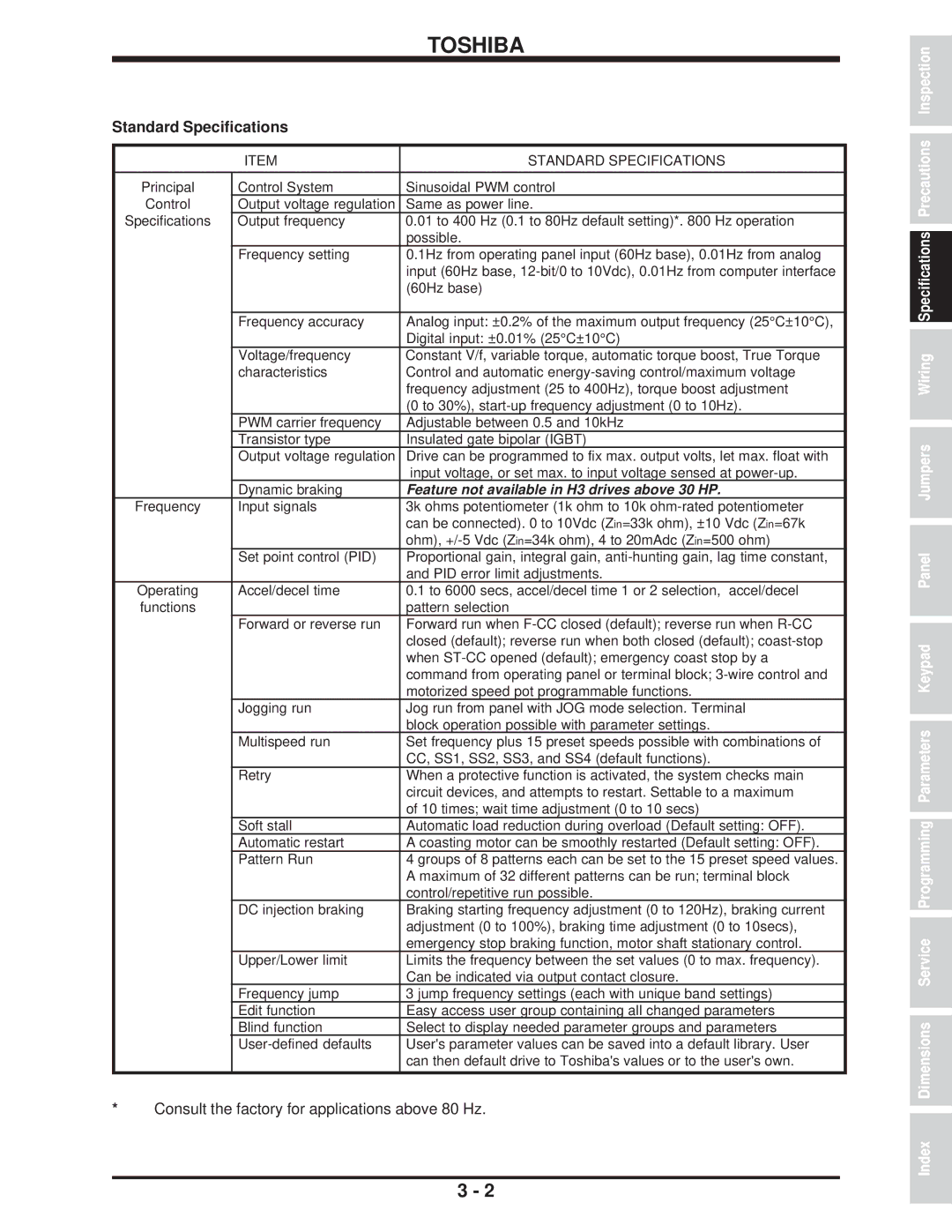 Toshiba H3 manual Standard Specifications, Consult the factory for applications above 80 Hz 