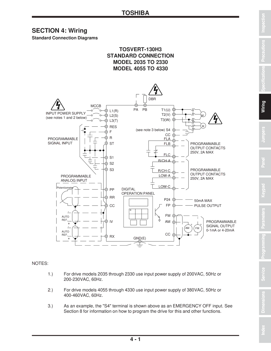 Toshiba H3 manual Wiring, Standard Connection Diagrams 