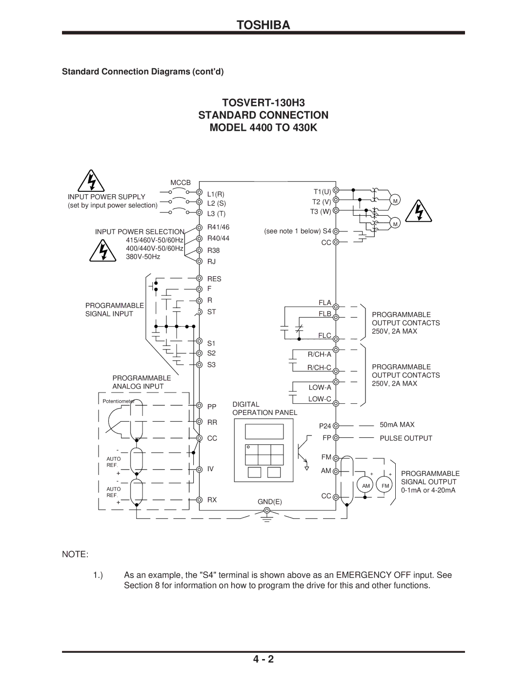 Toshiba H3 manual Model 4400 to 430K, Standard Connection Diagrams contd 