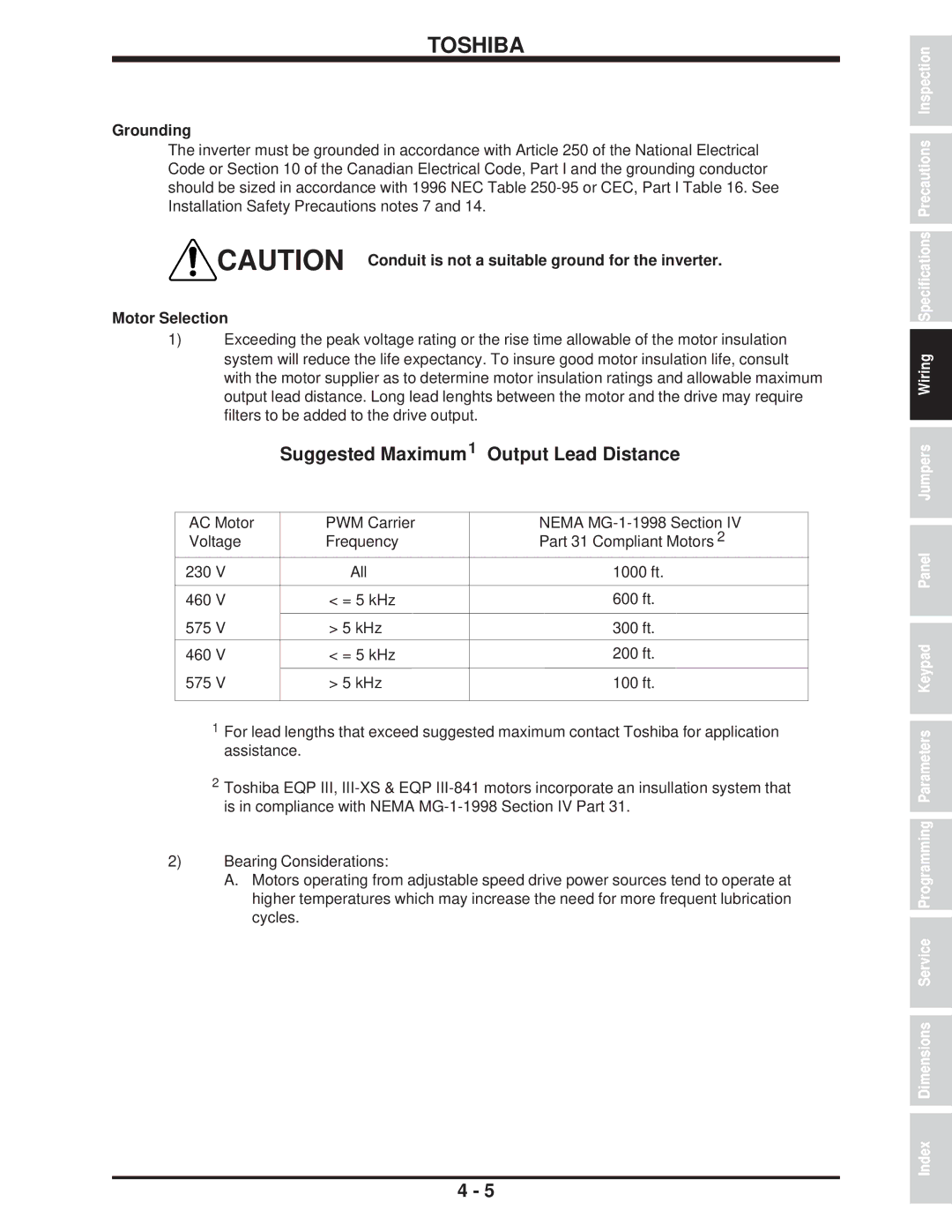 Toshiba H3 manual Grounding, Motor Selection 