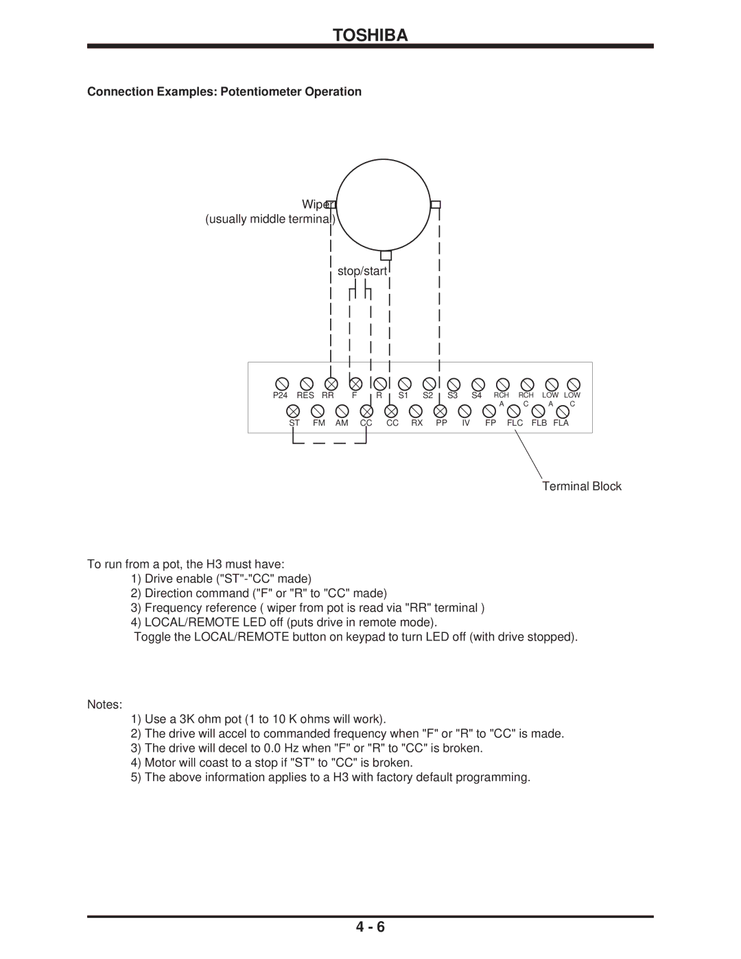 Toshiba H3 manual Connection Examples Potentiometer Operation 