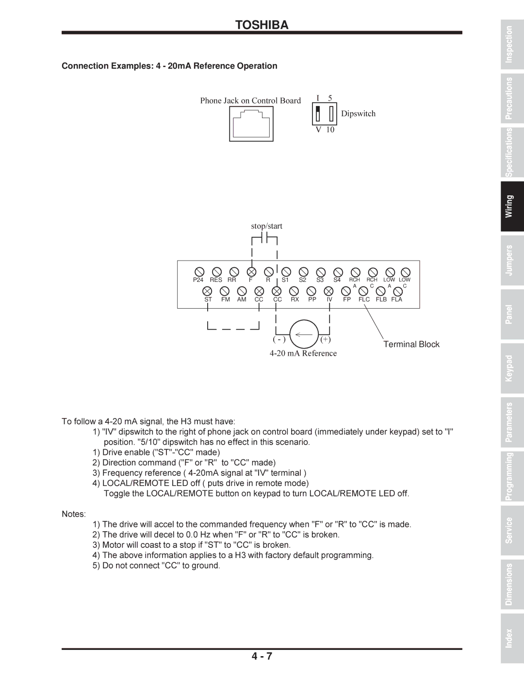 Toshiba H3 manual Connection Examples 4 20mA Reference Operation, Terminal Block 