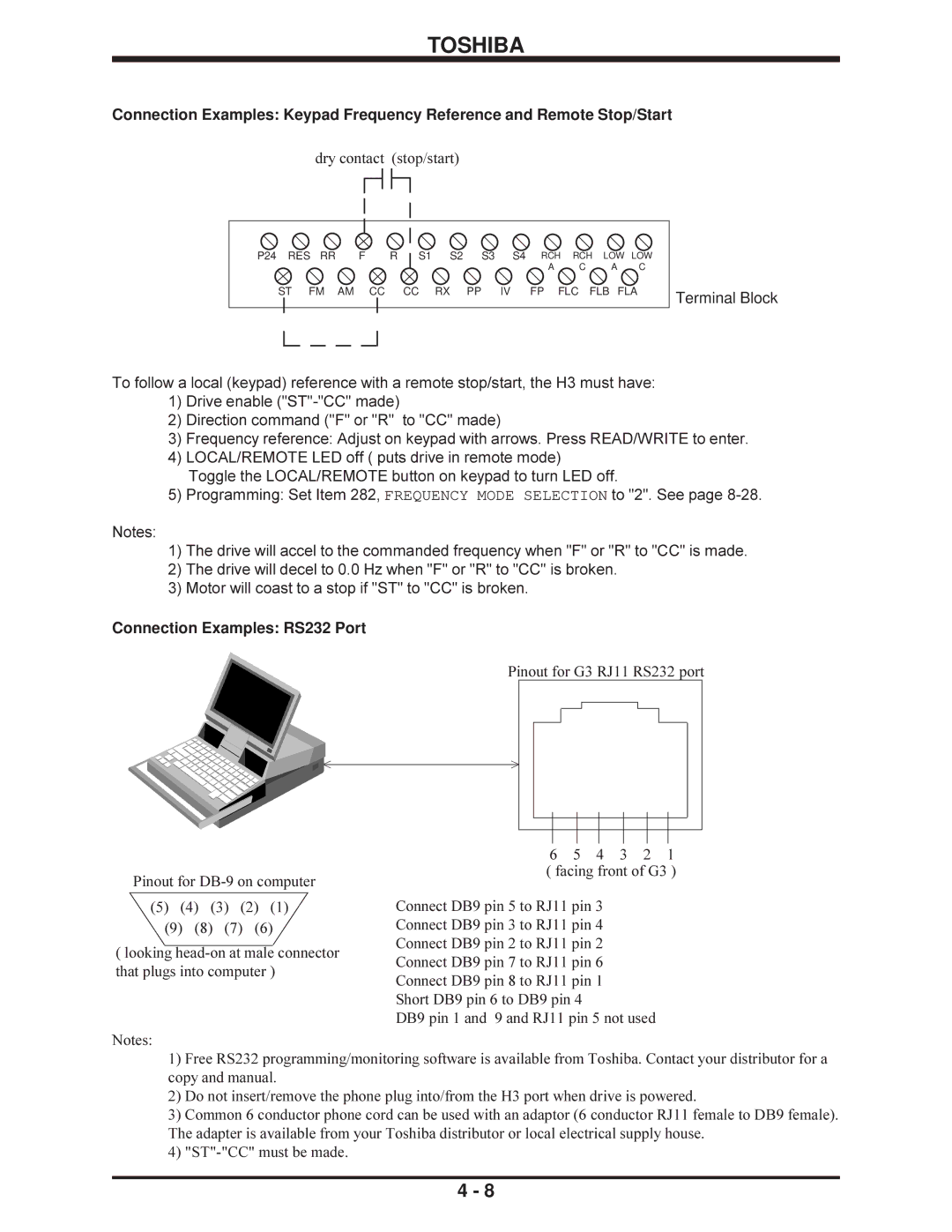 Toshiba H3 manual Connection Examples RS232 Port, Pinout for G3 RJ11 RS232 port 4 3 2 1 facing front of G3 