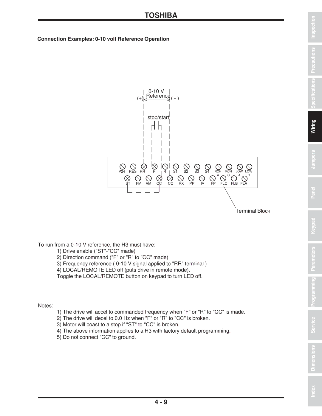 Toshiba H3 manual Connection Examples 0-10 volt Reference Operation 