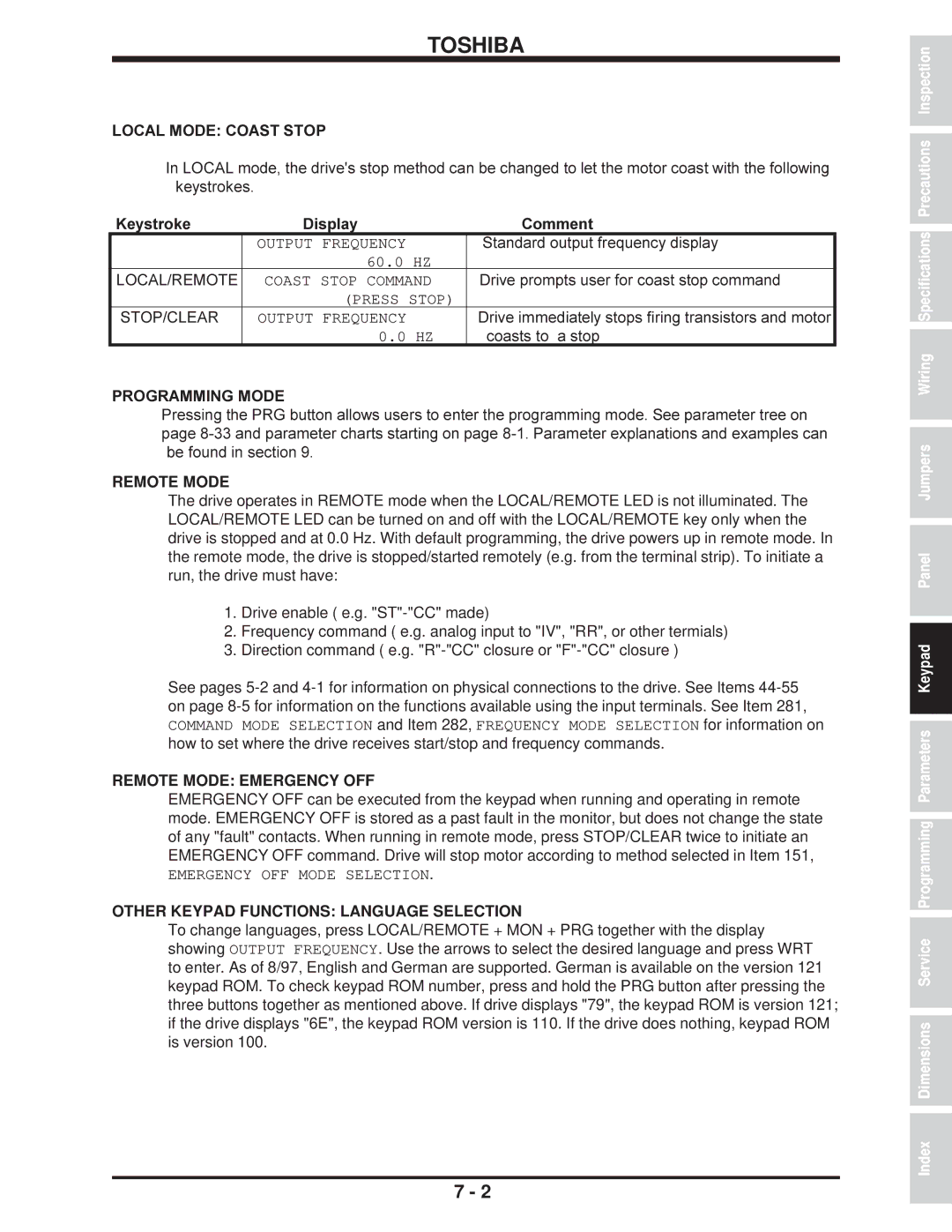 Toshiba H3 manual Local Mode Coast Stop, Keystroke Display Comment 