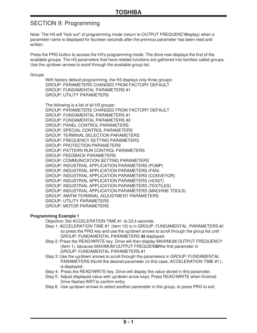 Toshiba manual Groups, Following is a list of all H3 groups, Programming Example 