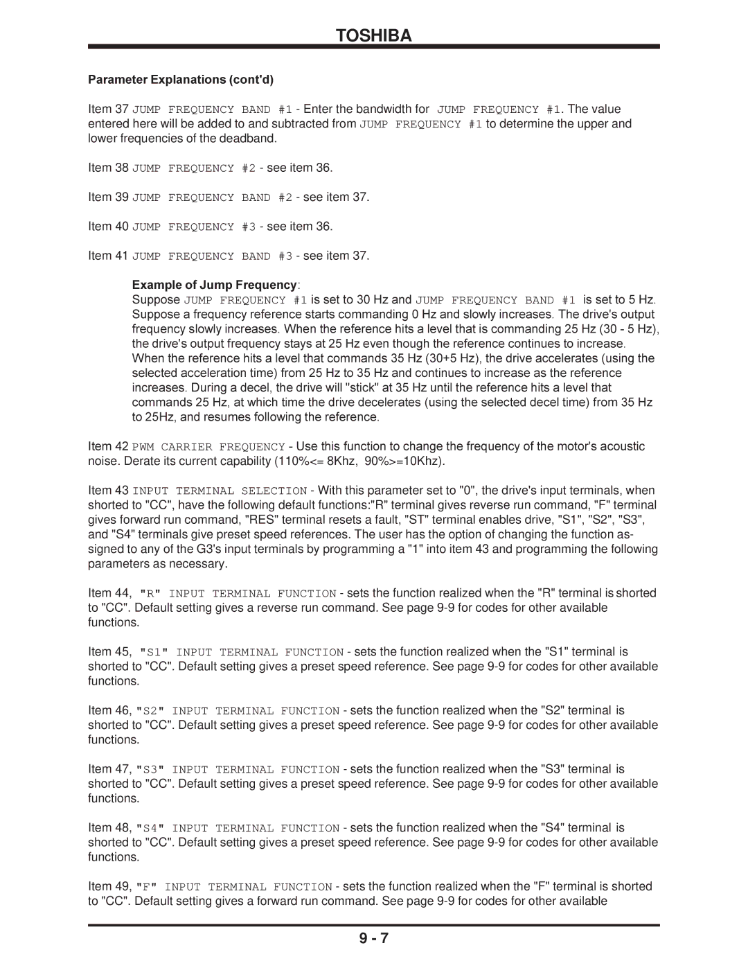 Toshiba H3 manual Item 40 Jump Frequency #3 see item, Example of Jump Frequency 