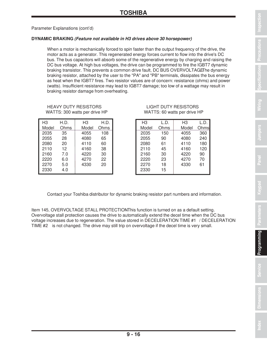 Toshiba H3 manual Heavy Duty Resistors Watts 300 watts per drive HP, Light Duty Resistors Watts 60 watts per drive HP 