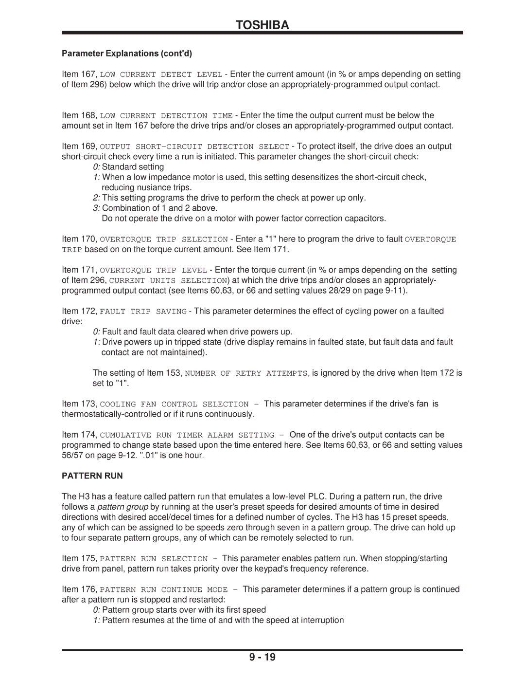 Toshiba H3 manual Pattern RUN 