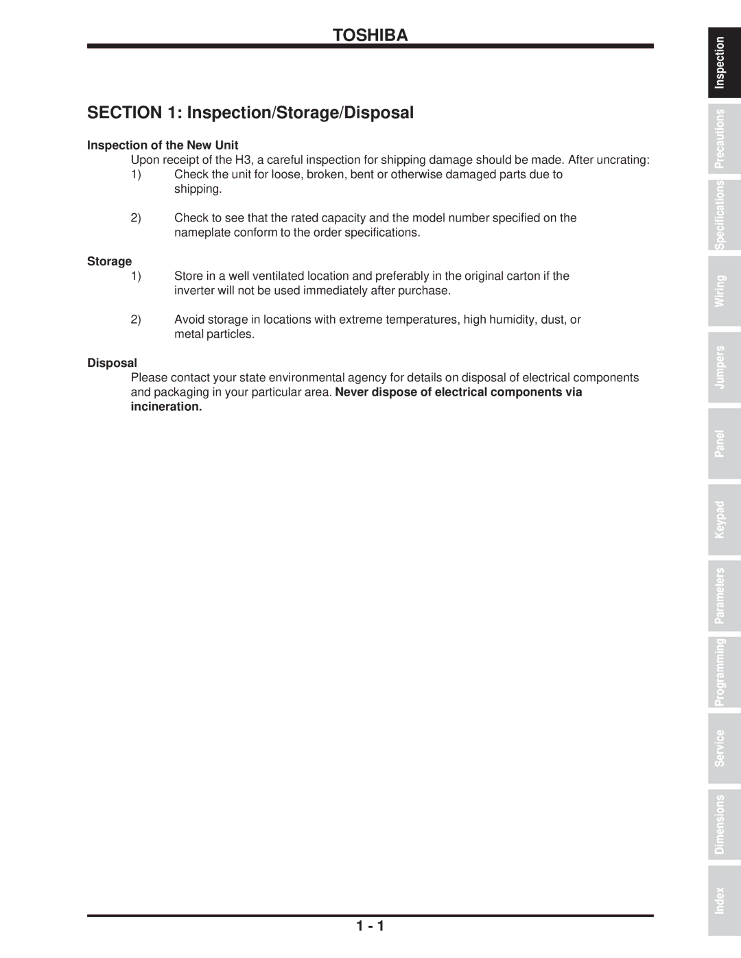 Toshiba H3 manual Inspection of the New Unit, Storage, Disposal 