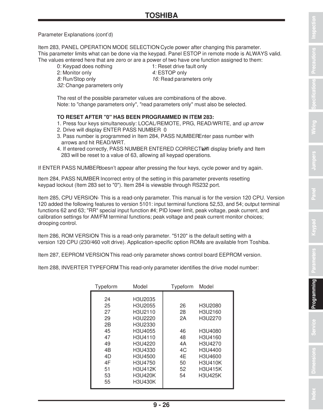 Toshiba H3 manual To Reset After 0 has Been Programmed in Item 