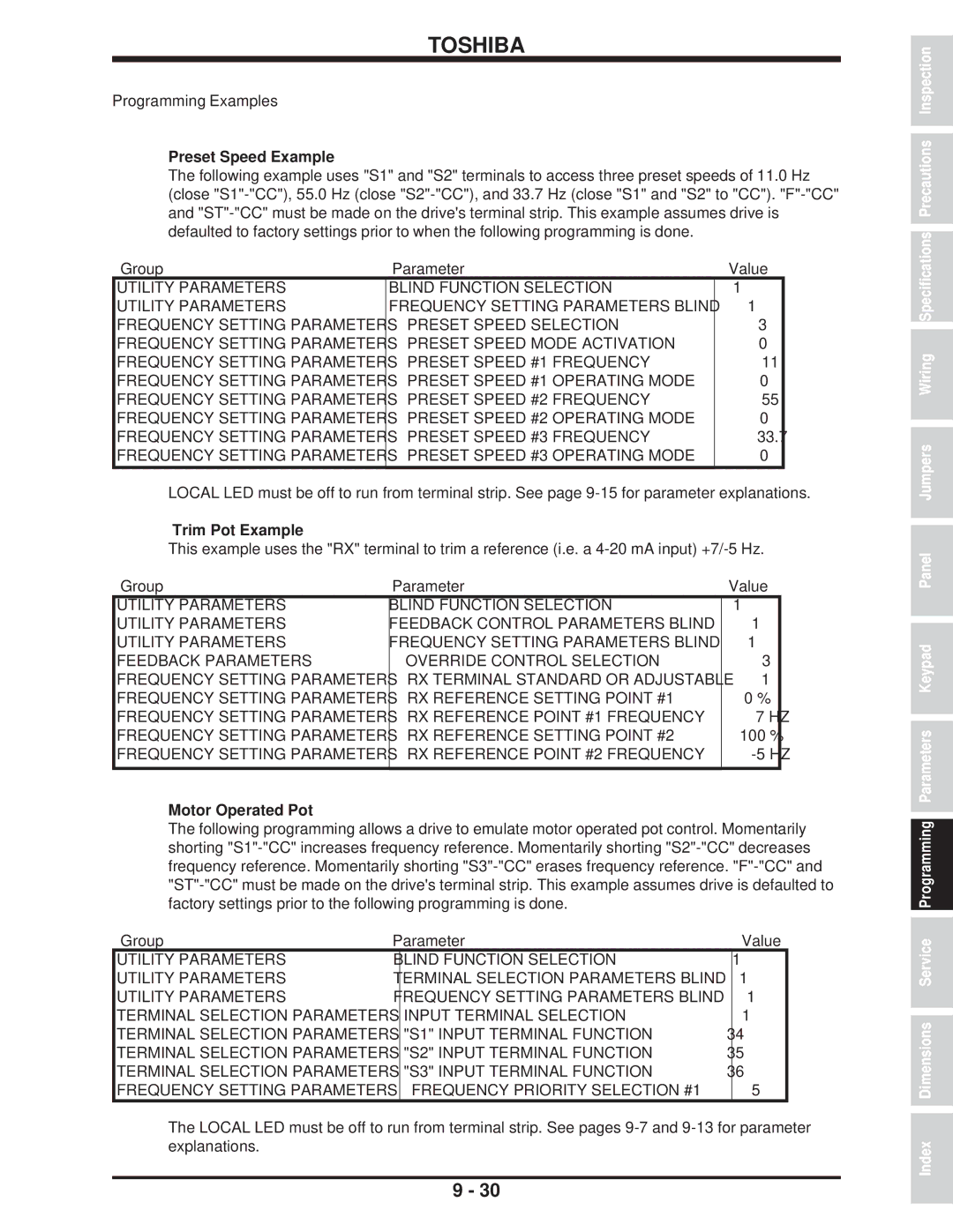 Toshiba H3 manual Programming Examples Preset Speed Example, Trim Pot Example, Motor Operated Pot 