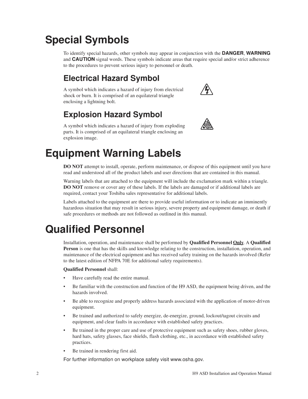 Toshiba H9 operation manual Special Symbols, Equipment Warning Labels, Qualified Personnel 