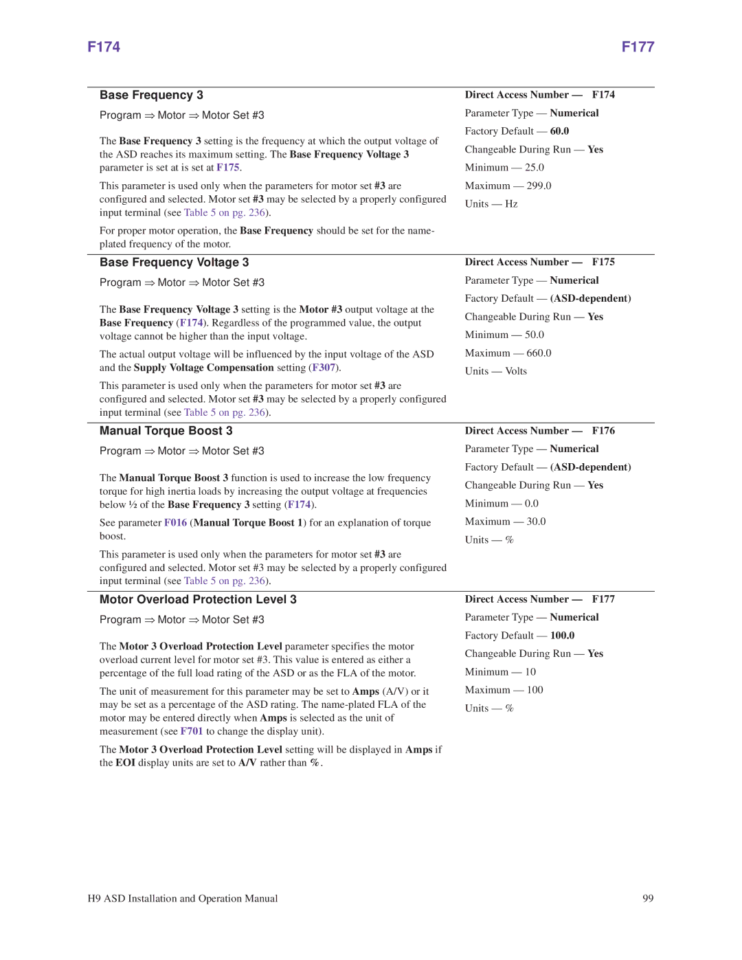 Toshiba H9 operation manual F174 F177, Direct Access Number F174, Program ⇒ Motor ⇒ Motor Set #3, Direct Access Number F175 